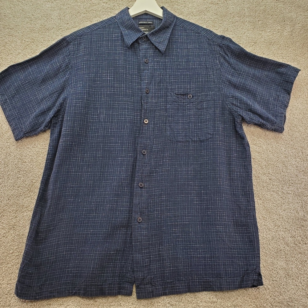 Marc Edwards Linen‎ Blend Shirt Mens Large Navy Grid Classic Coastal Academia